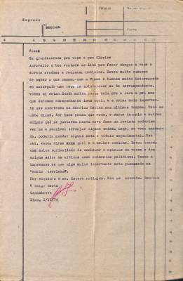 Carta de Paulo Cannabrava Filho para Vladimir Herzog, 1 dez. 1974